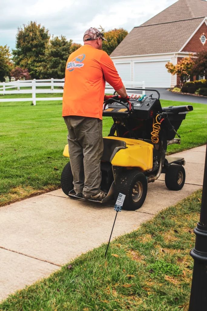 lawn care Chantilly technician applying fertilizer on green residential lawn