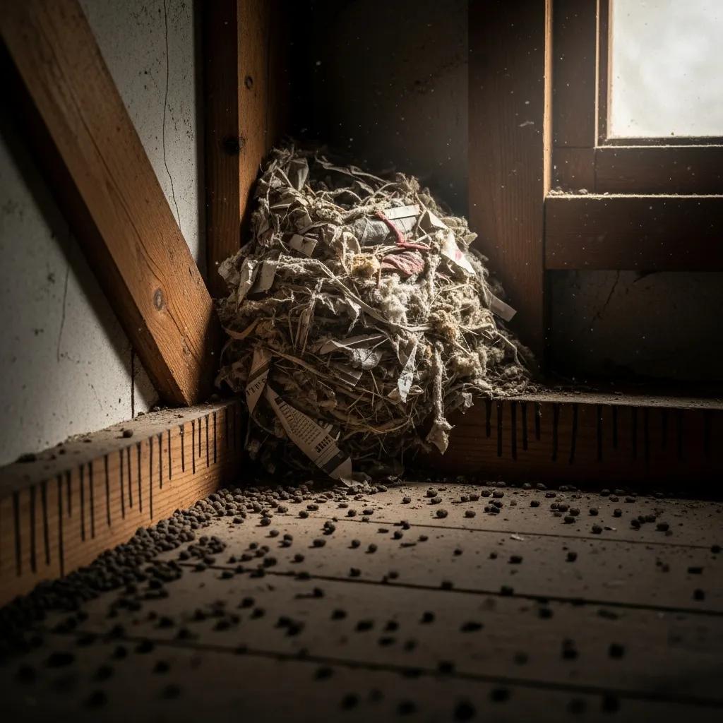 Rodent nest in an attic corner, surrounded by signs of infestation like droppings and rub marks
