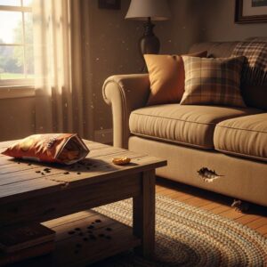 Signs of rodent infestation in a home environment, highlighting droppings and gnaw marks
