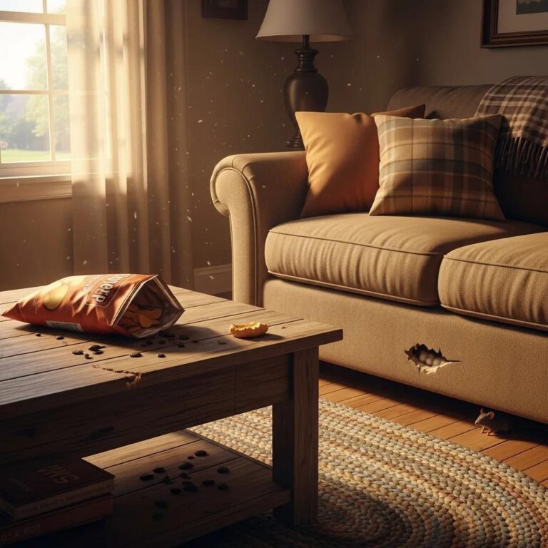 Signs of rodent infestation in a home environment, highlighting droppings and gnaw marks