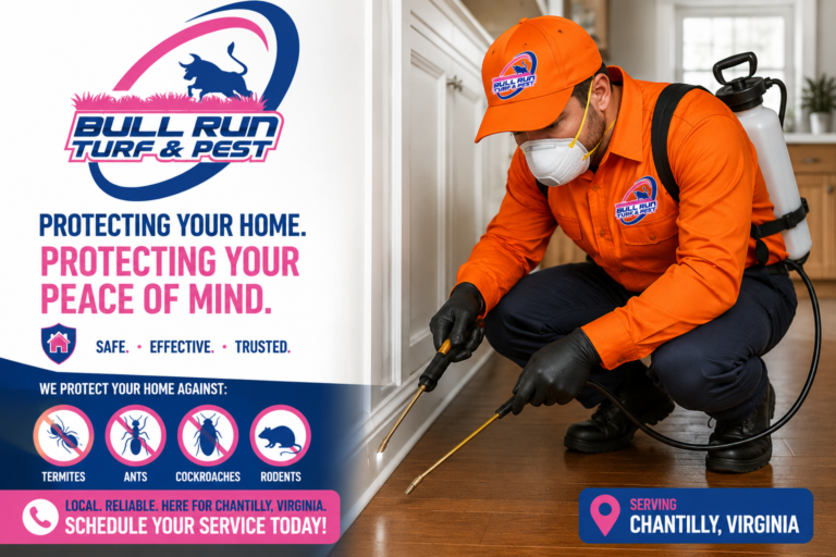 Superhero exterminator in an orange uniform and cape standing confidently with pest control equipment beside the Bull Run Turf Care & Pest Control logo in Chantilly, Virginia.