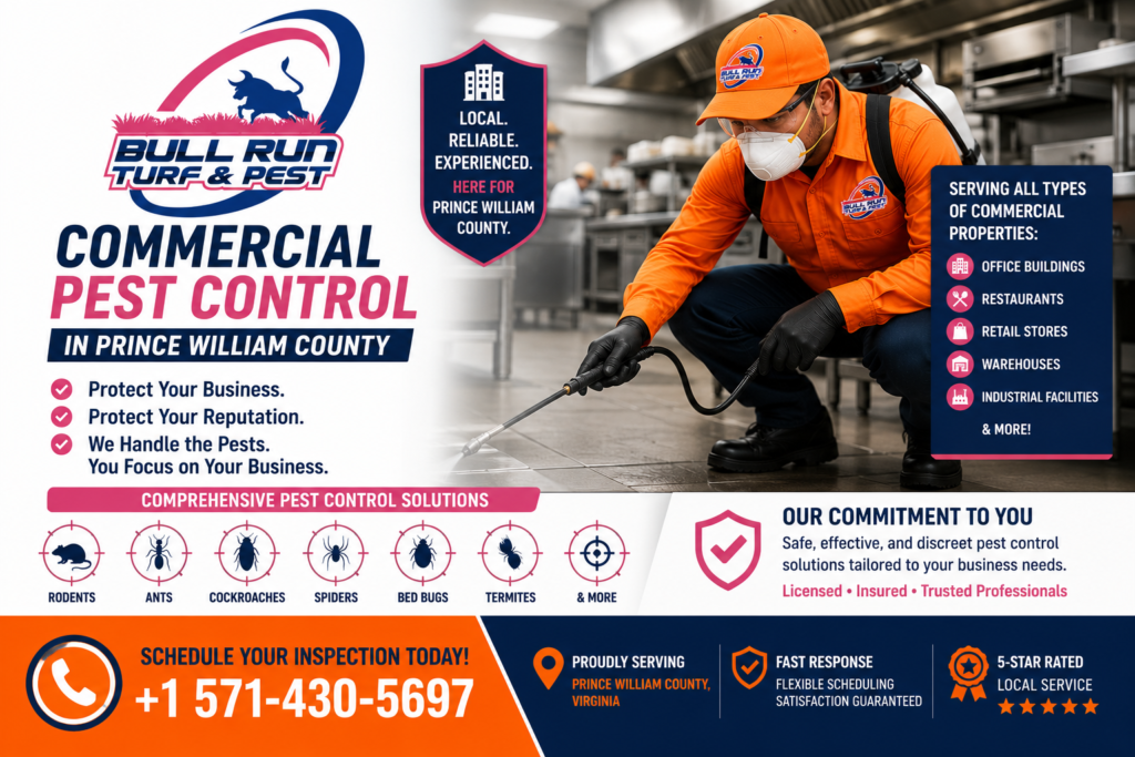 Commercial pest control technician inspecting and treating a business property in Prince William County, Virginia.