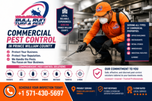 Commercial pest control technician inspecting and treating a business property in Prince William County, Virginia.