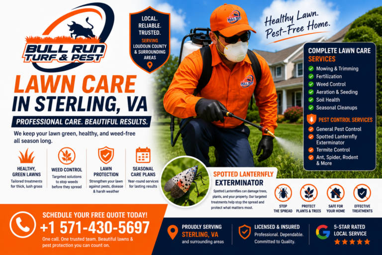 Professional lawn care technician treating a lush green residential lawn in Sterling, Virginia.