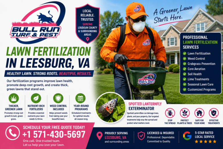 Professional lawn care technician treating a lush green residential lawn in Sterling, Virginia.