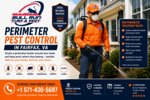 Perimeter pest control technician applying exterior pest barrier treatment around a home in Fairfax, Virginia.