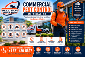 Commercial pest control technician inspecting and treating a business property in Fairfax, Virginia for pest prevention and extermination.