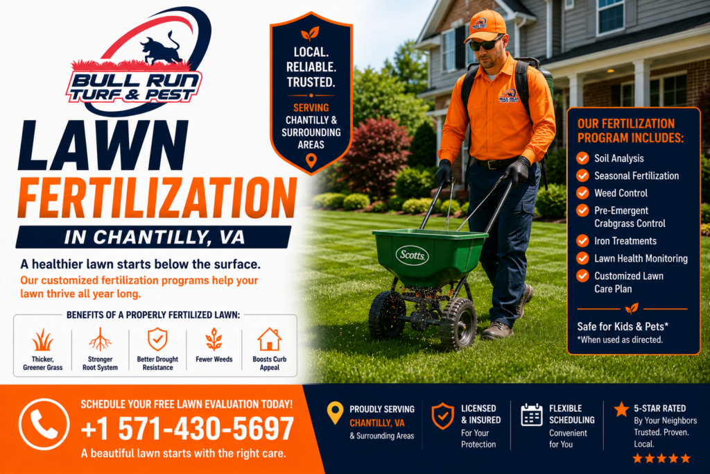 Lawn fertilization technician applying professional fertilizer treatment to a green residential lawn in Chantilly, Virginia.