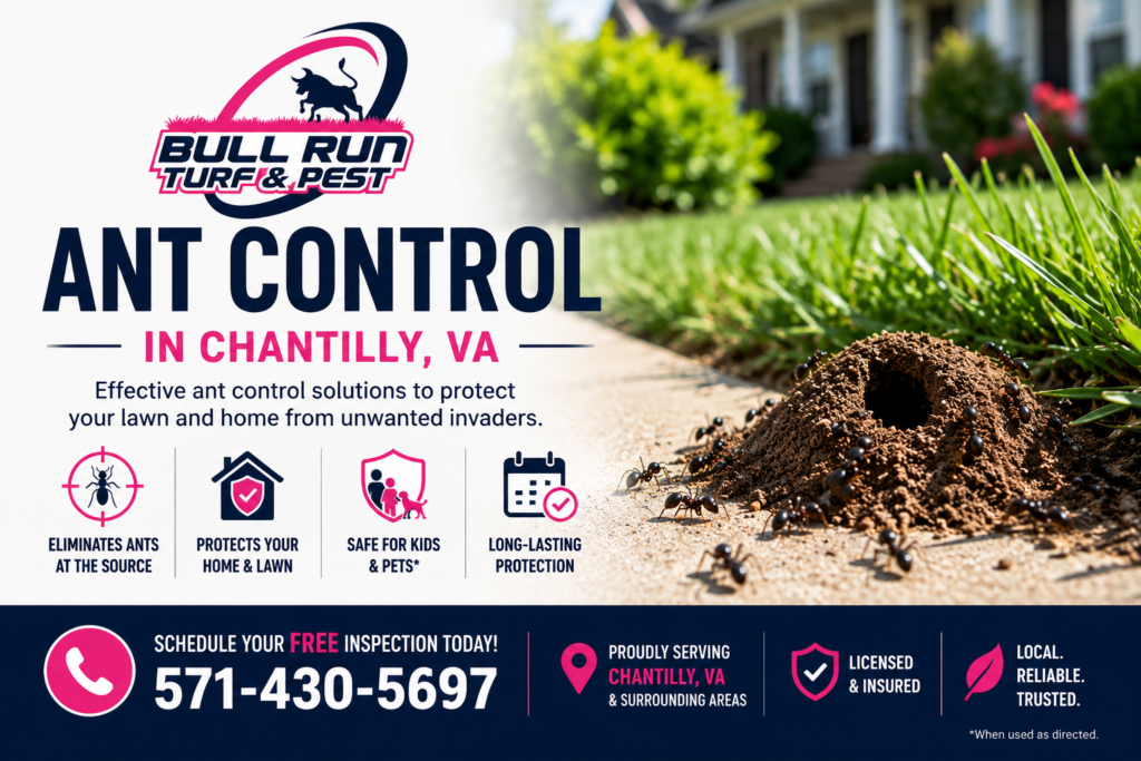 Ant control technician treating a residential property for ant infestations in Chantilly, Virginia.