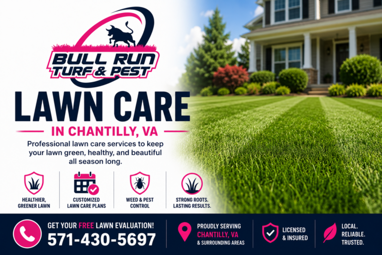 Professional lawn care technician maintaining a healthy green residential lawn in Chantilly, Virginia.