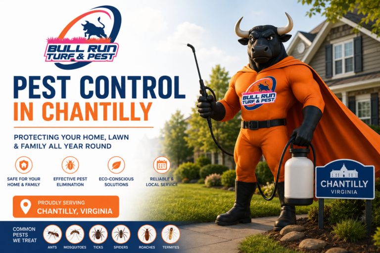Professional pest control technician treating a residential property for pests in Chantilly, Virginia.