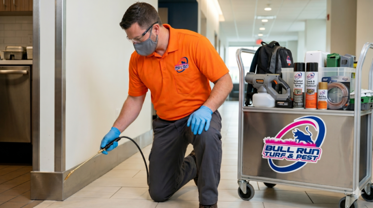 Commercial pest control technician inspecting and treating a Northern Virginia business property for pest infestations with Bull Run Turf Care & Pest Control.