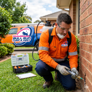 Professional exterminator inspecting a residential property for pests and applying targeted pest control treatment in Northern Virginia