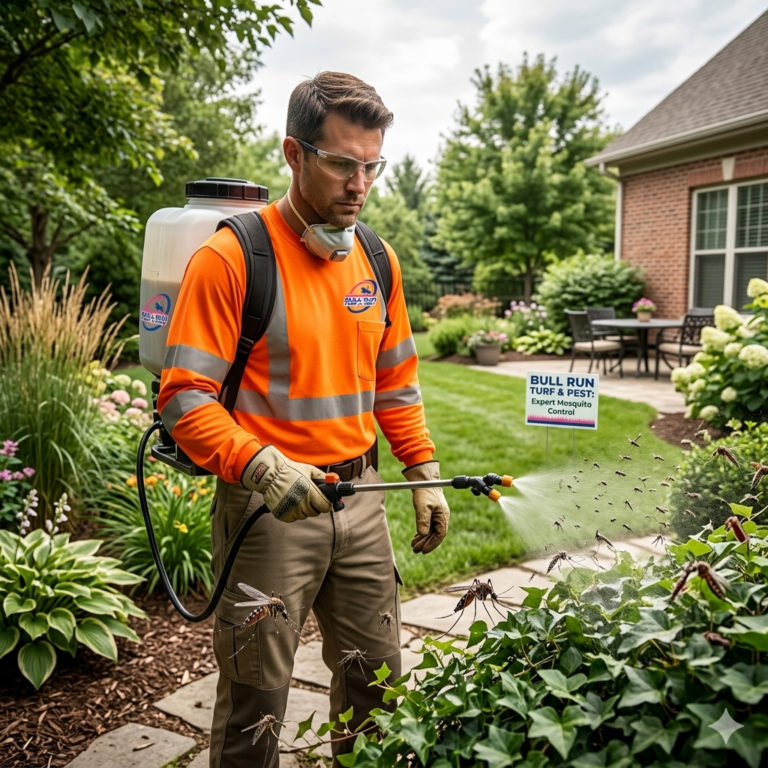 Mosquito control technician applying seasonal mosquito treatment in a Northern Virginia backyard