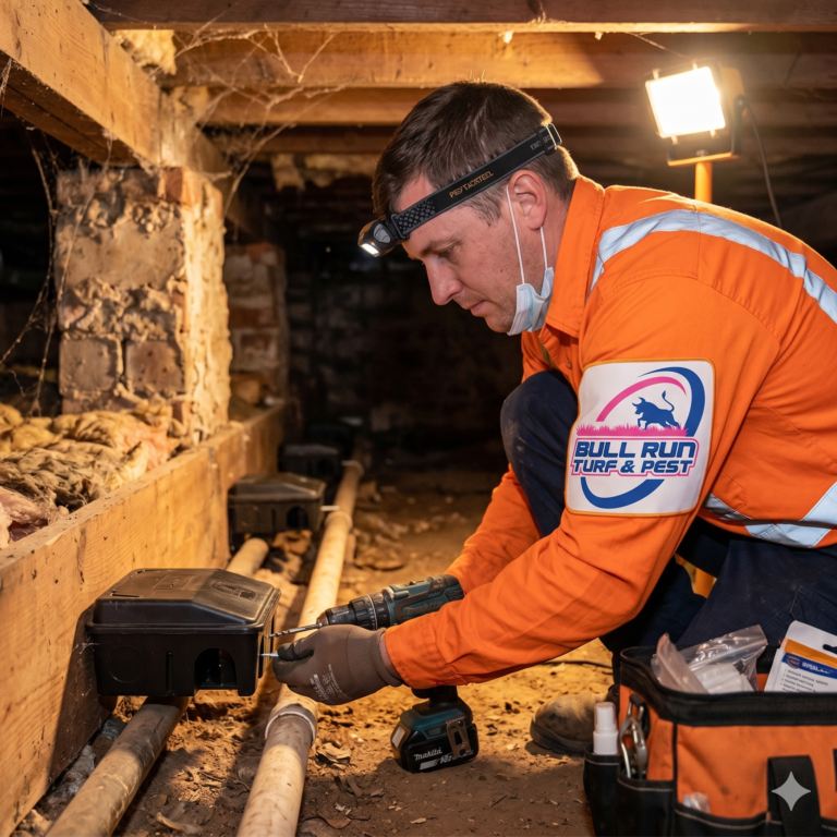 Professional rodent control technician inspecting and treating a Northern Virginia home for mice and rat activity