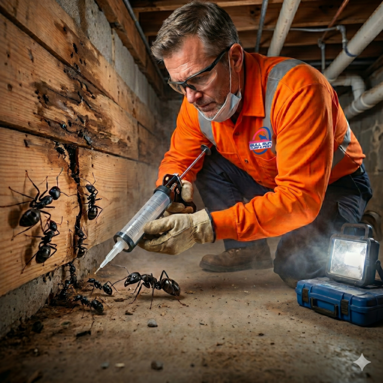 Carpenter ant exterminator in Ashburn, VA inspecting and treating wood structures for ant infestations with Bull Run Turf Care & Pest Control.