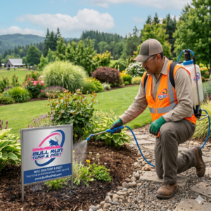 Professional weed control treatment being applied to a residential lawn to eliminate weeds and promote healthy turf growth.