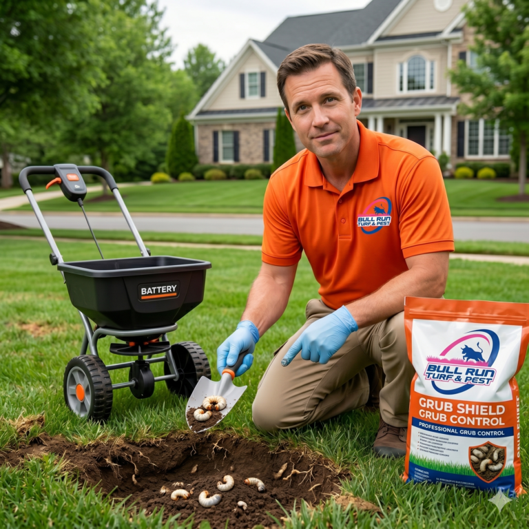 Lawn care technician applying grub control treatment to a residential lawn in Chantilly, Virginia to prevent turf damage.