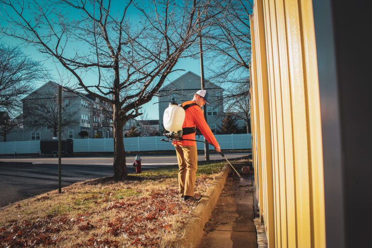 Technician applying perimeter pest control treatment around home foundation in Chantilly, Virginia
