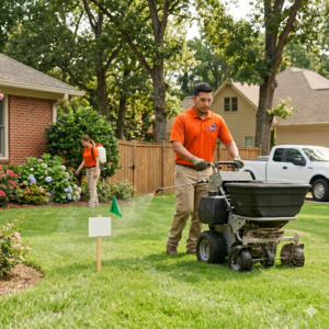 Professional lawn care treatment being applied to a healthy residential lawn for fertilization and weed control with Bull Run Turf Care & Pest Control.