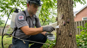 Spotted Lanternfly exterminator in Ashburn, VA treating trees and outdoor landscapes for invasive lanternfly infestations with Bull Run Turf Care & Pest Control.