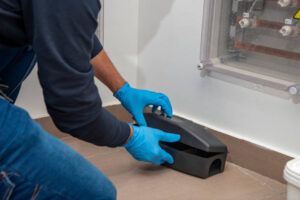 Pest control technician inspecting home for rodent entry points in Chantilly, Virginia