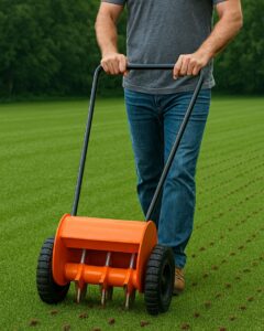 Core aeration plugs and grass seed spread across a lawn during aeration and overseeding in Chantilly, VA